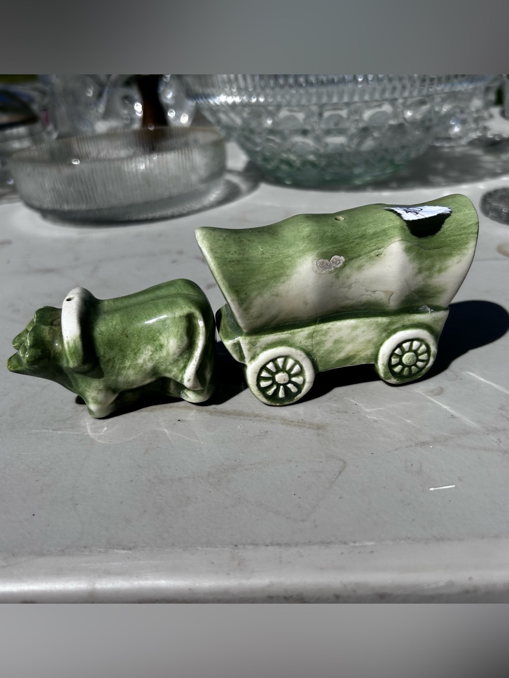 Green Ceramic Ox and Covered Wagon salt and pepper shaker